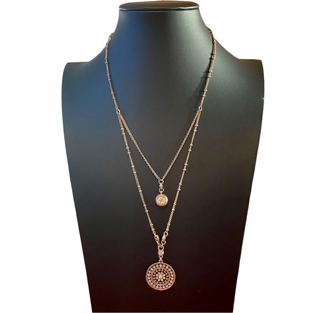 Beautiful Double Chain Matte Gold Toned Pave Crystal Pendant Necklace .